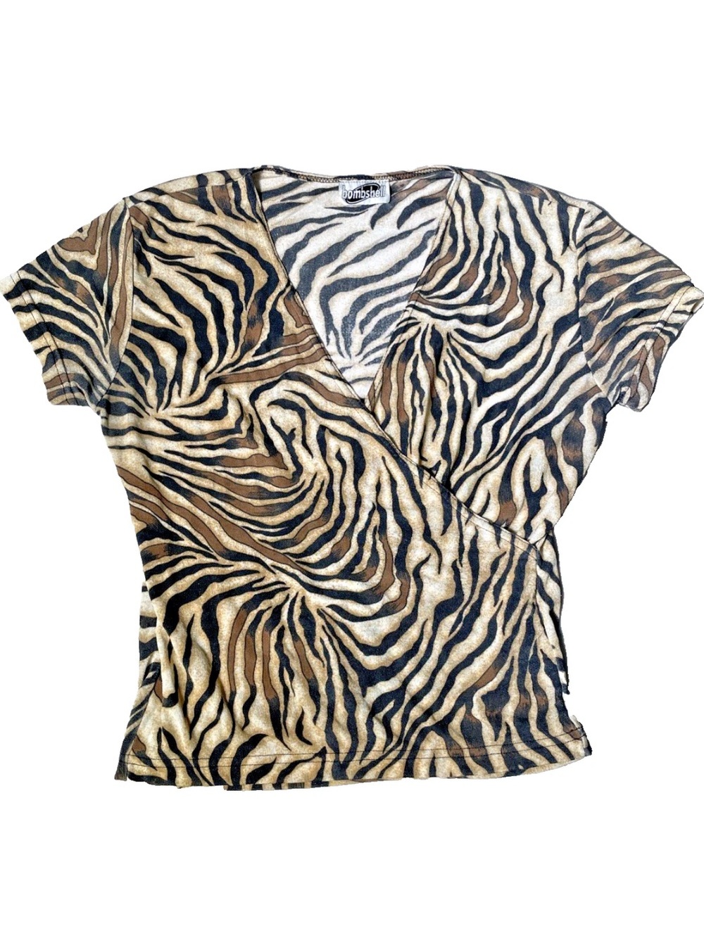 Vintage Y2K Bombshell Zebra Print Short Sleeve V-Neck Top Brown Size Medium